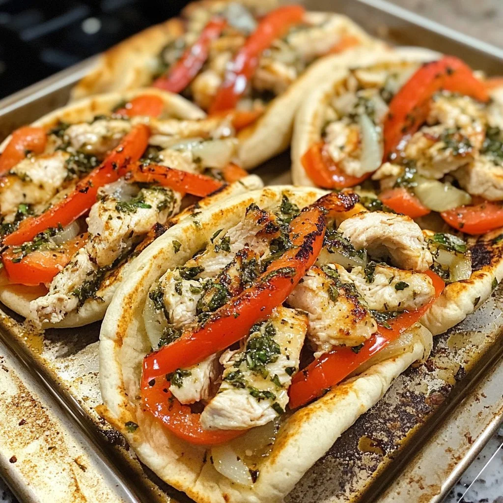 Sheet Pan Chicken Pitas topped with Herby Ranch sauce served on a plate