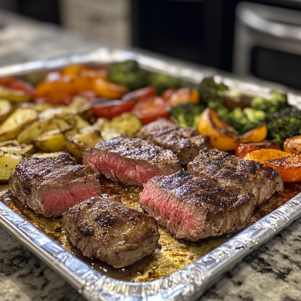 Sheet pan steak delight with vegetables cooked to perfection