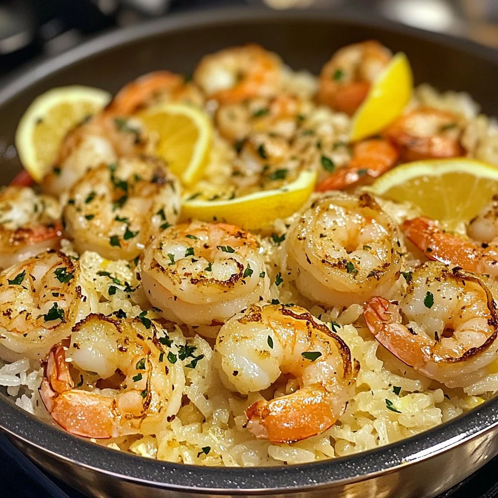 Delicious one pot shrimp lemon parmesan rice served in a bowl