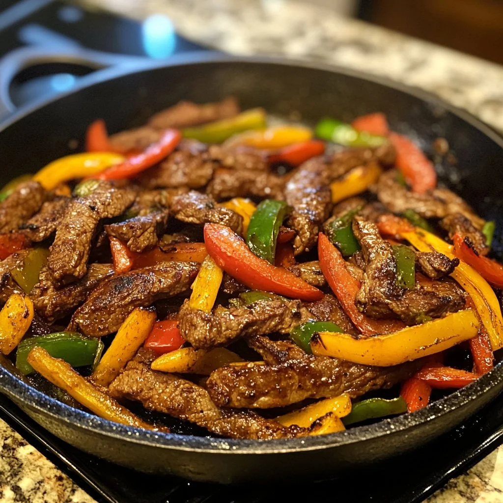 Delicious skillet steak fajitas with colorful peppers and onions.