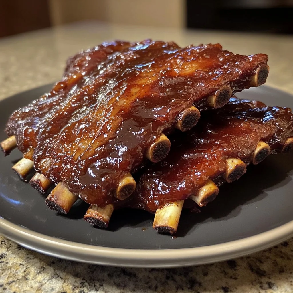 Slow cooker BBQ Baby Back Ribs served on a plate with BBQ sauce