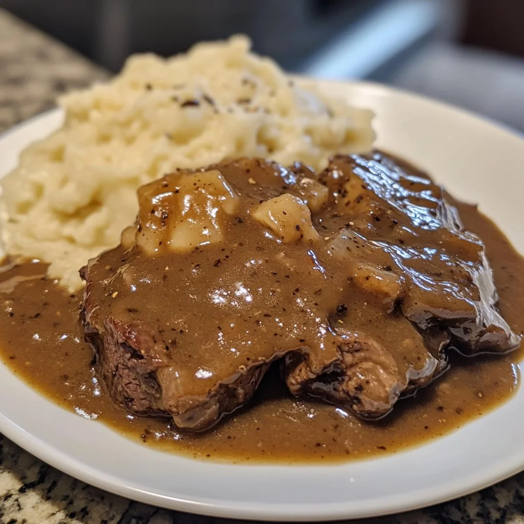 Delicious slow cooker minute steak served with rich gravy