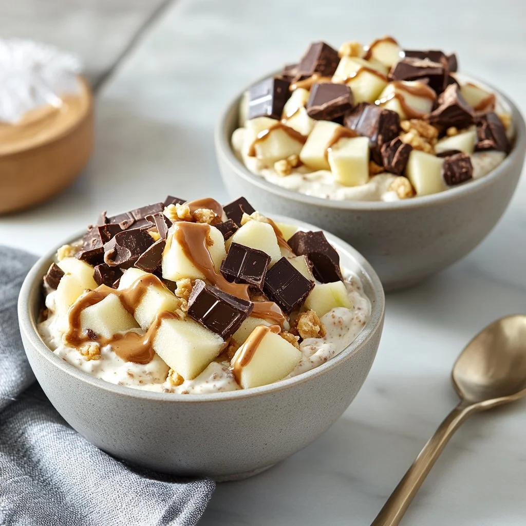 Delicious Snickers Salad Protein Bowl topped with chocolate and caramel