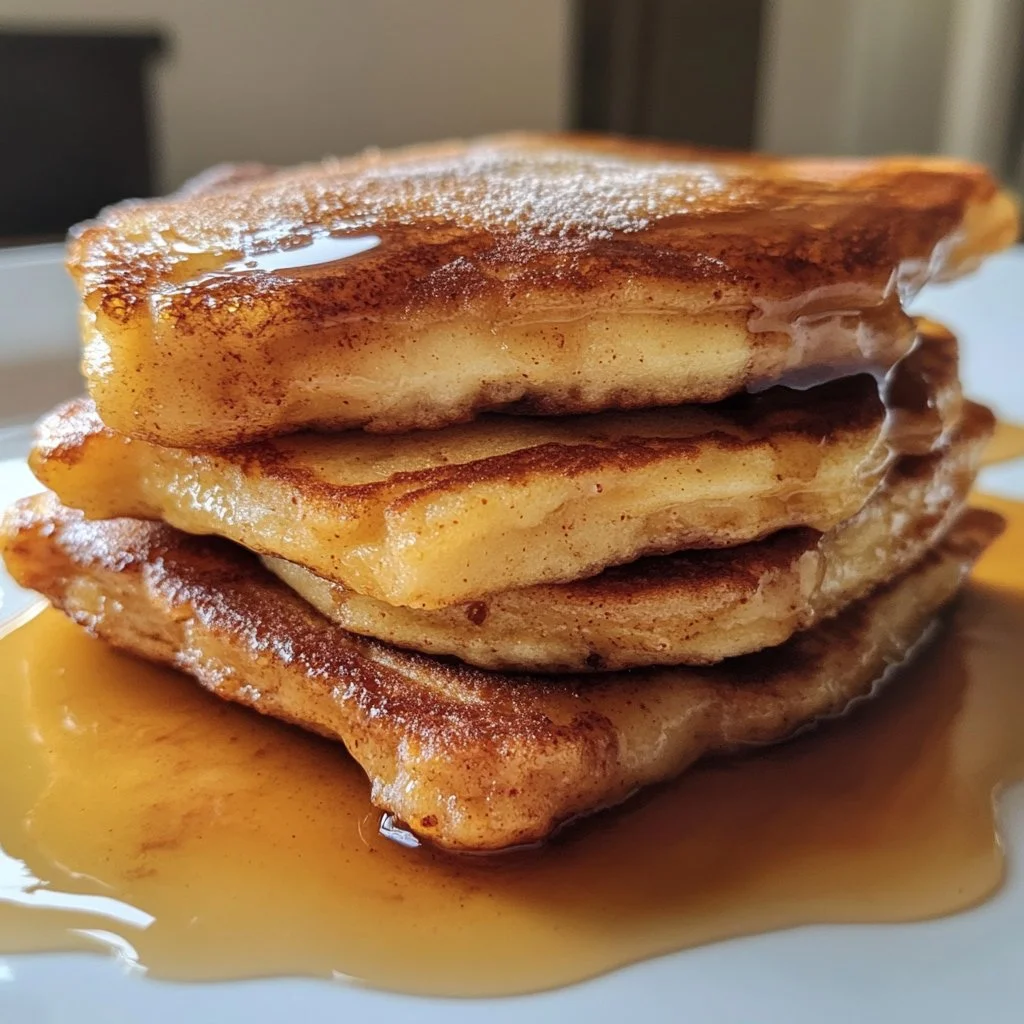 Delicious churro pancakes drizzled with chocolate and sprinkled with cinnamon sugar.