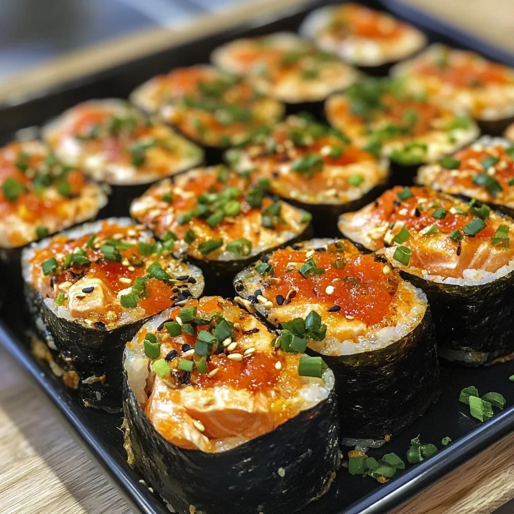 Delicious Spicy Salmon Sushi Bake topped with creamy sauce and garnished