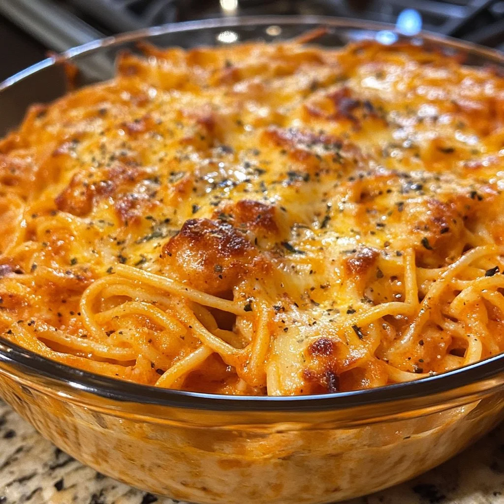 Delicious Spicy Southern Cheesy Chicken Spaghetti Casserole served in a bowl