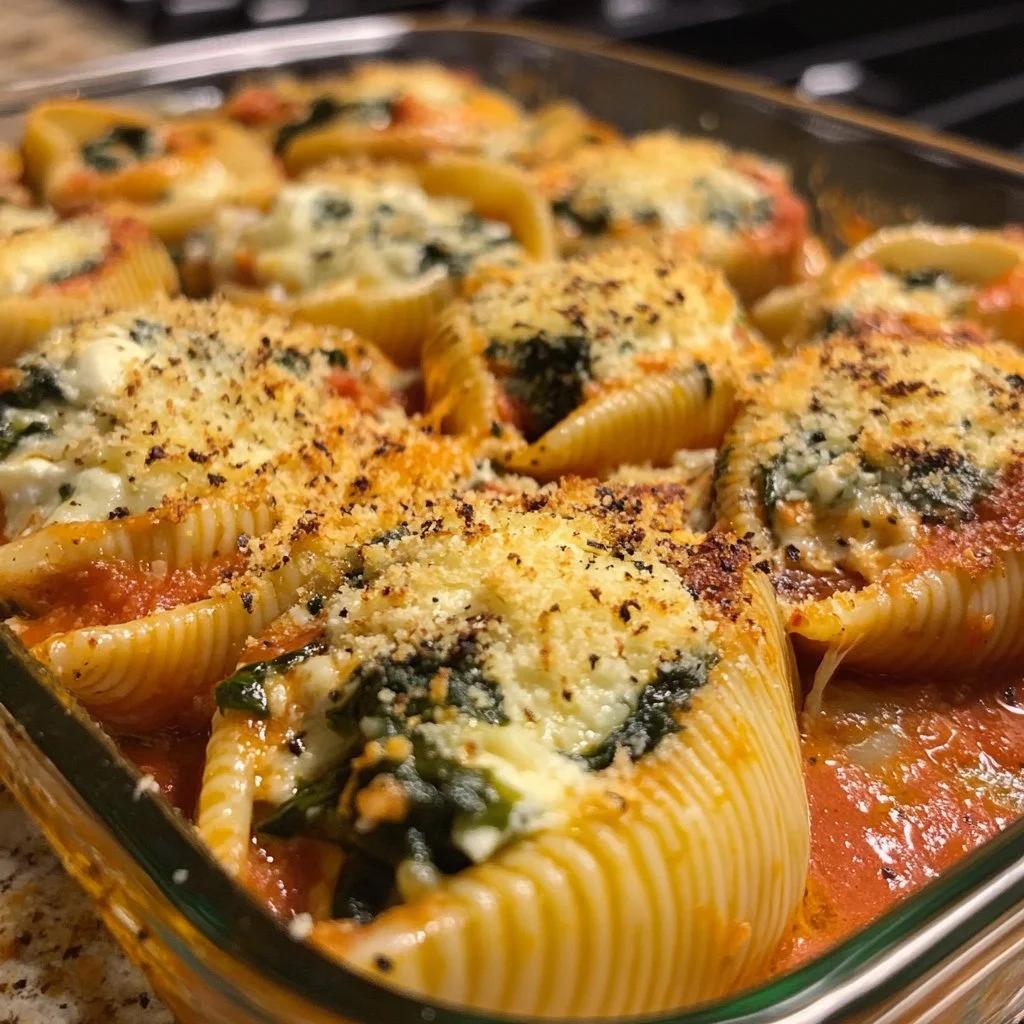 Spinach and ricotta stuffed shells topped with marinara sauce and cheese