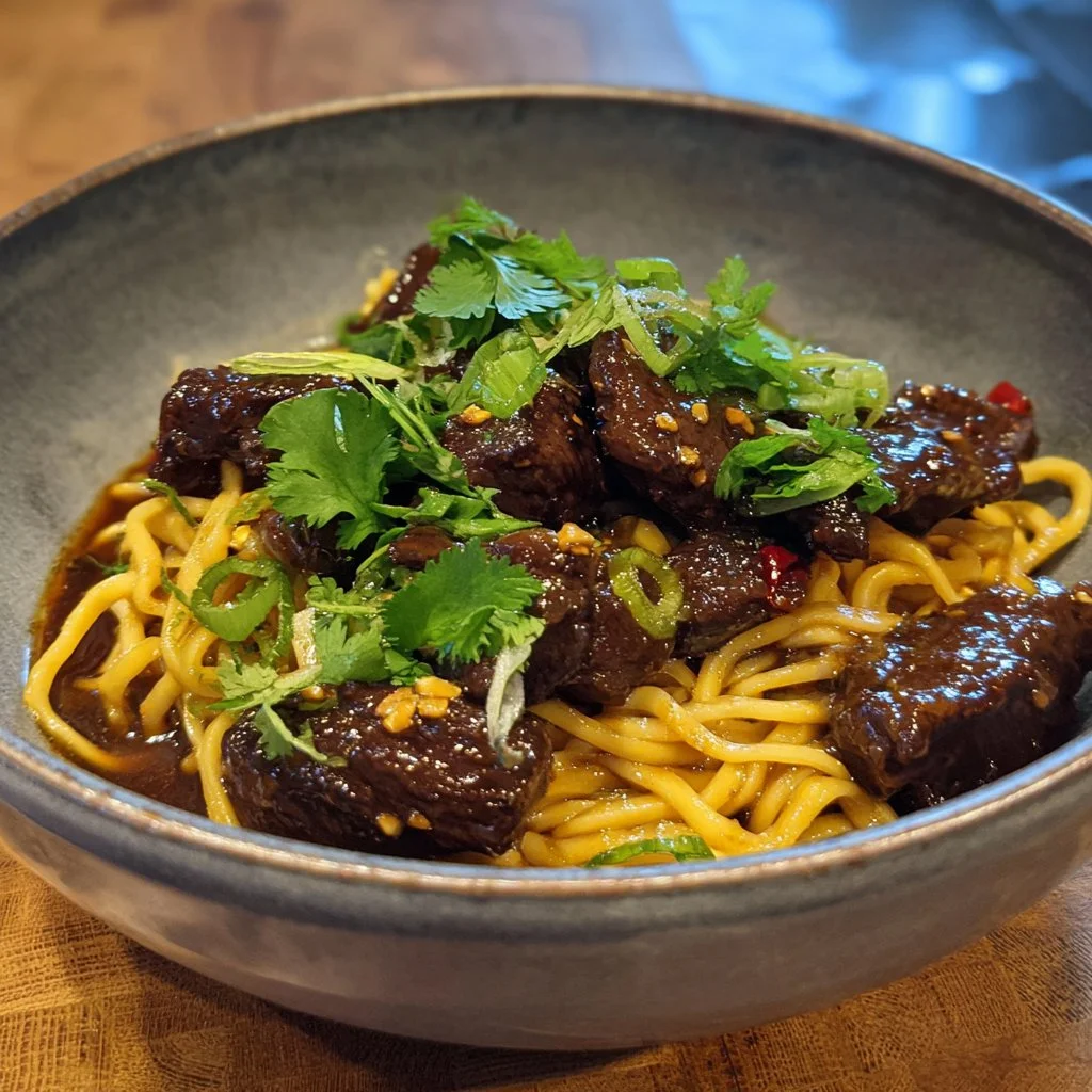 Delicious sticky beef noodles topped with fresh herbs and spices.