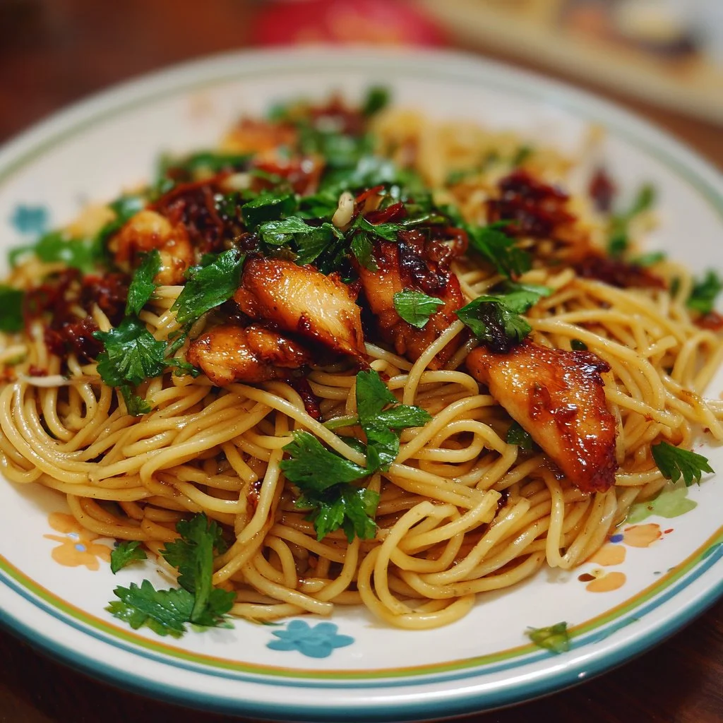 Delicious sticky garlic chicken noodles served in a bowl with fresh herbs.