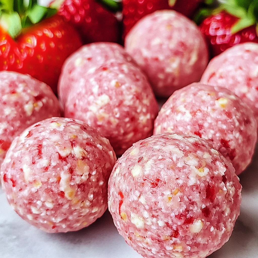 Strawberry cheesecake protein balls ready to enjoy as a healthy snack.