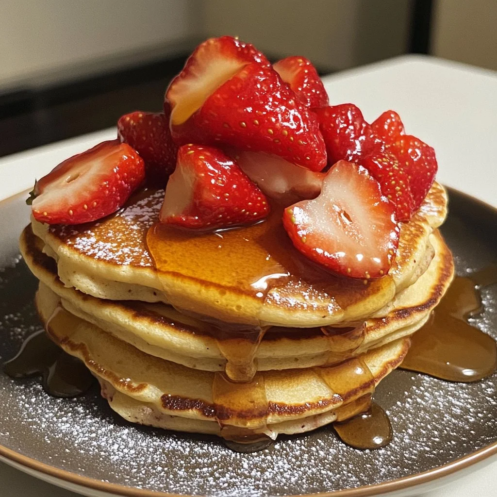 Delicious strawberry pancakes topped with fresh strawberries and syrup