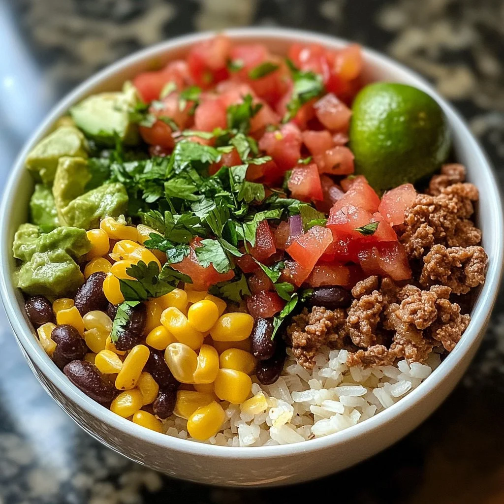 Delicious Taco Rice Bowl with fresh toppings and vibrant colors