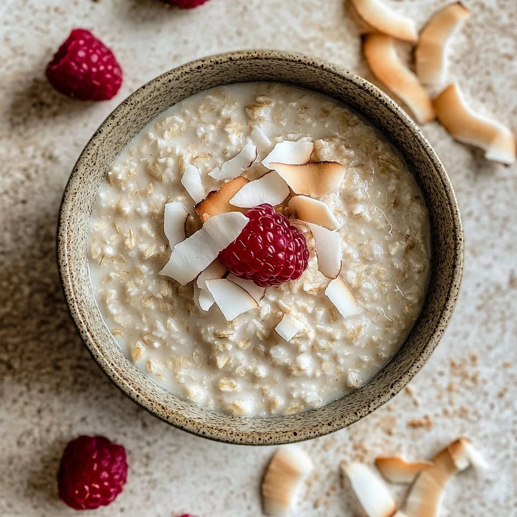 Bowl of tasty coconut cream oats topped with fruit and nuts