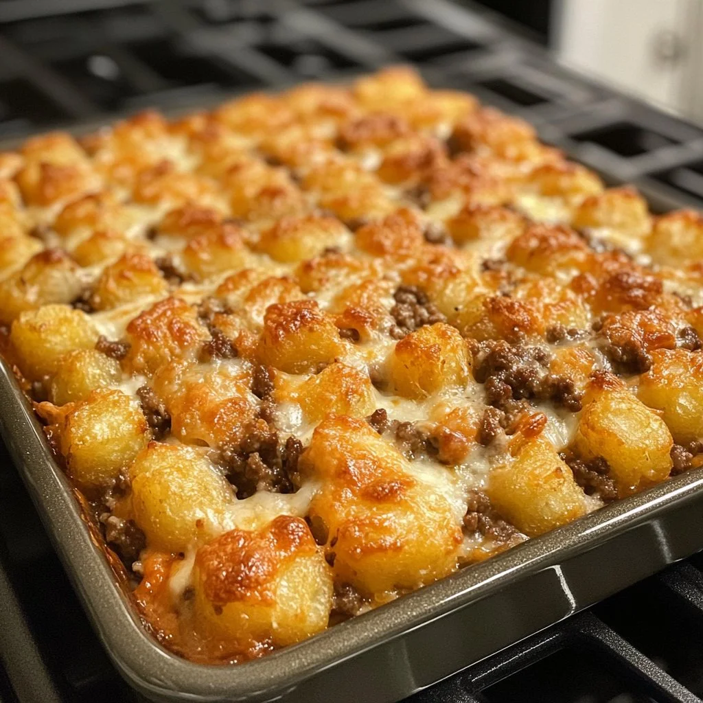 Delicious Tater Tot Casserole with Ground Beef served in a dish