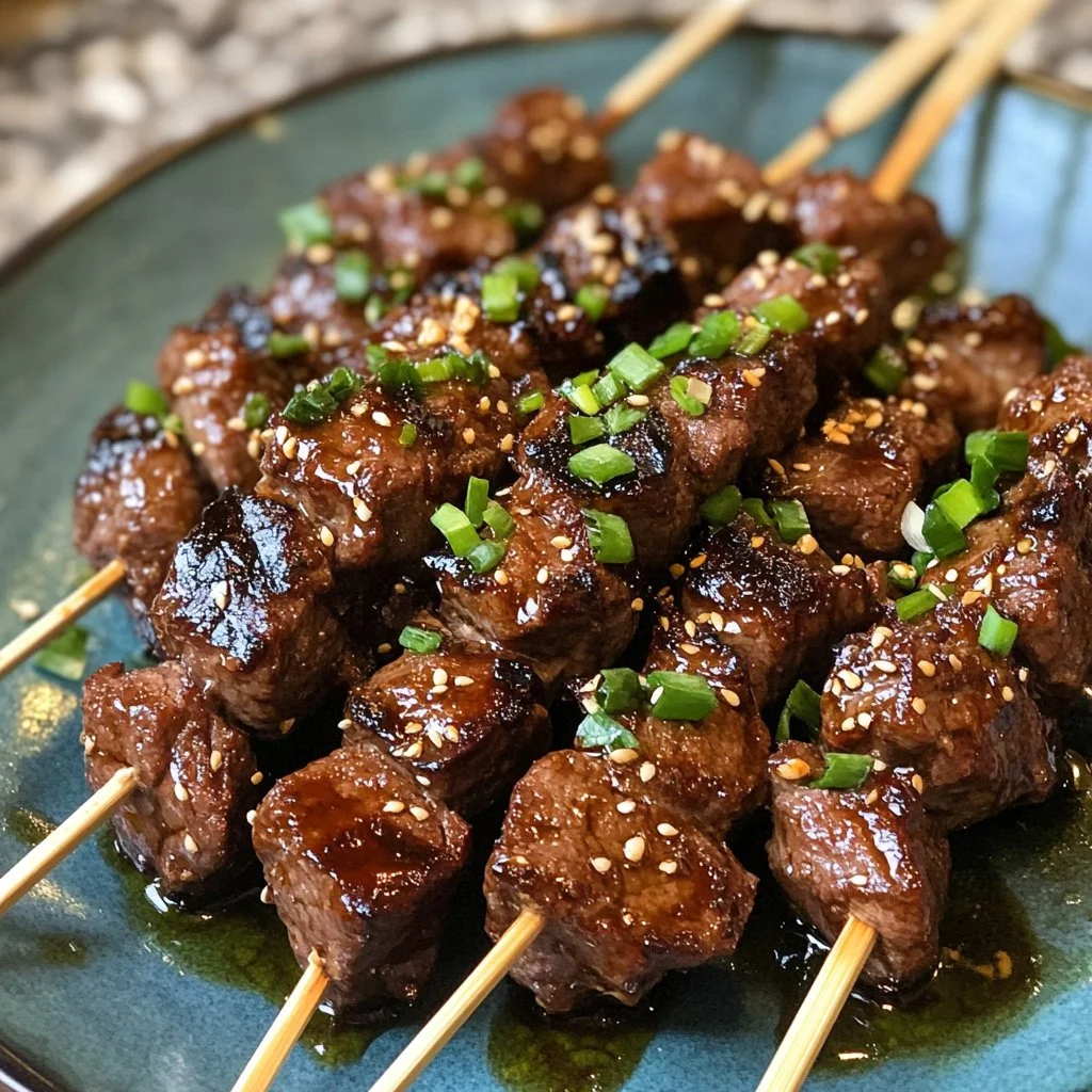 Grilled Teriyaki Beef Skewers garnished with green onions