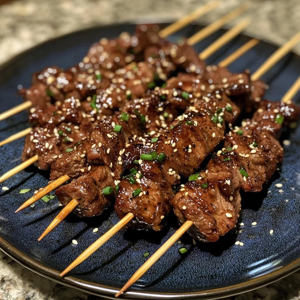 Delicious teriyaki beef skewers with sesame garnish on a grill.