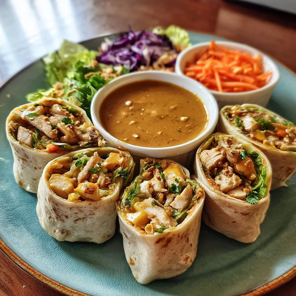 Thai Peanut Chicken Wraps with fresh vegetables and creamy peanut sauce