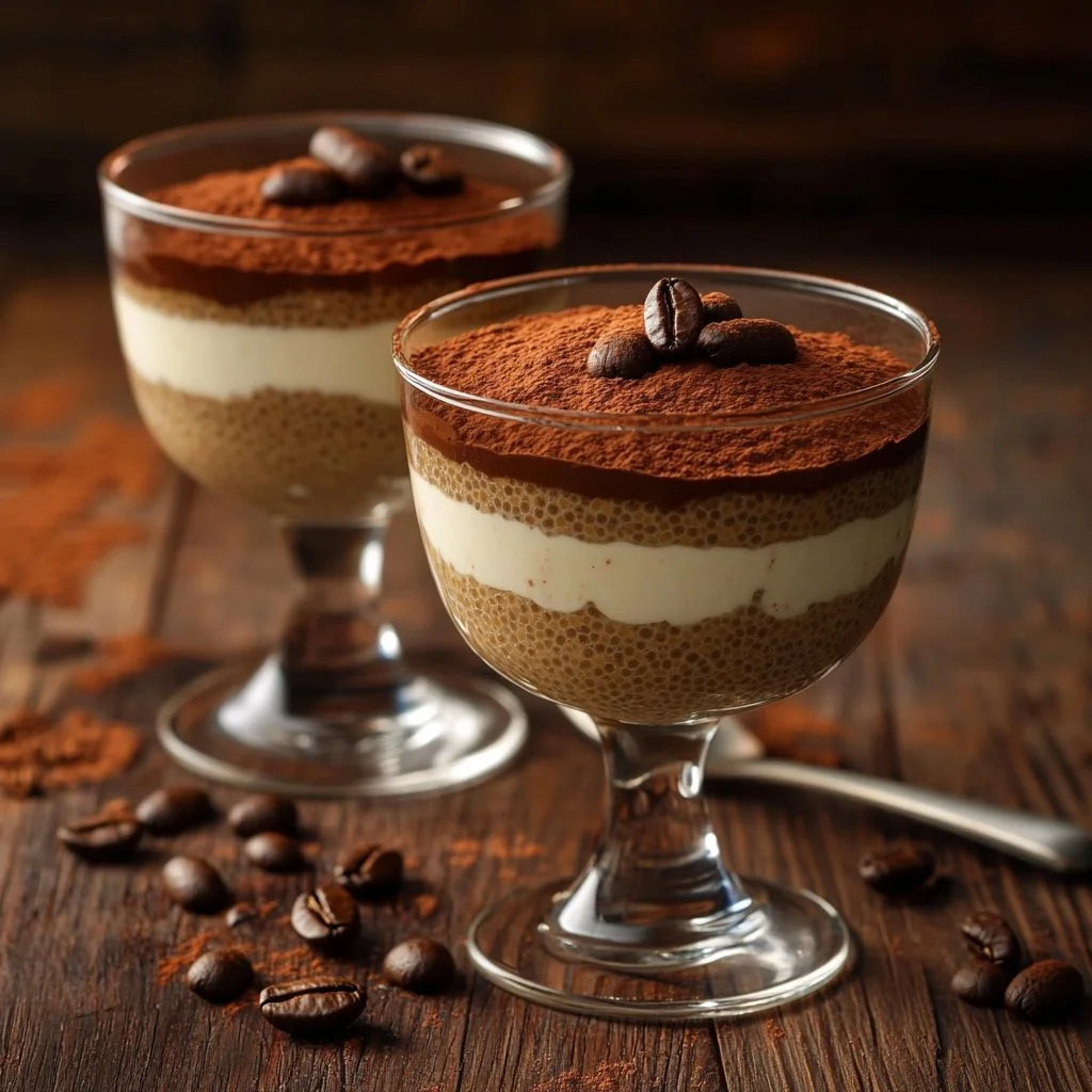 Delicious tiramisu chia pudding served in a glass with cocoa and coffee flavors.