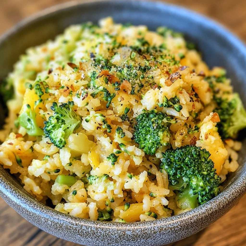 Vegan cheese broccoli rice dish showcasing vibrant colors and creamy texture.