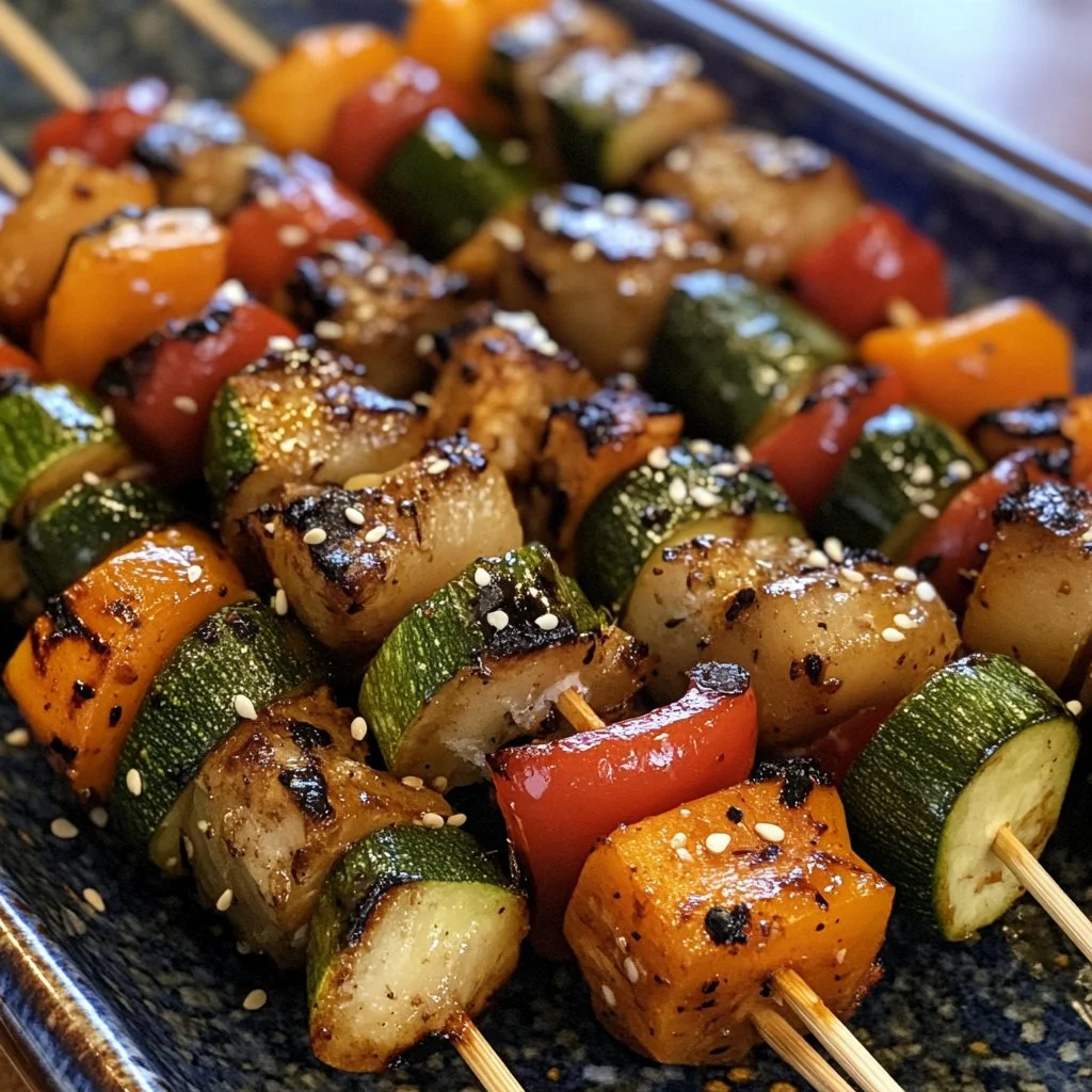 Colorful veggie skewers ready for grilling with bell peppers, zucchini, and mushrooms.