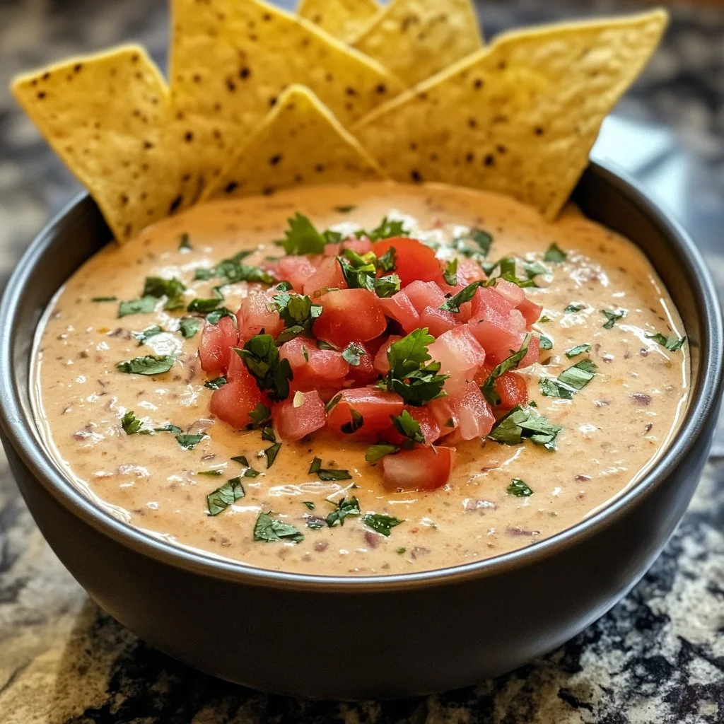 Creamy cottage cheese queso dip topped with fresh ingredients for a healthy snack.
