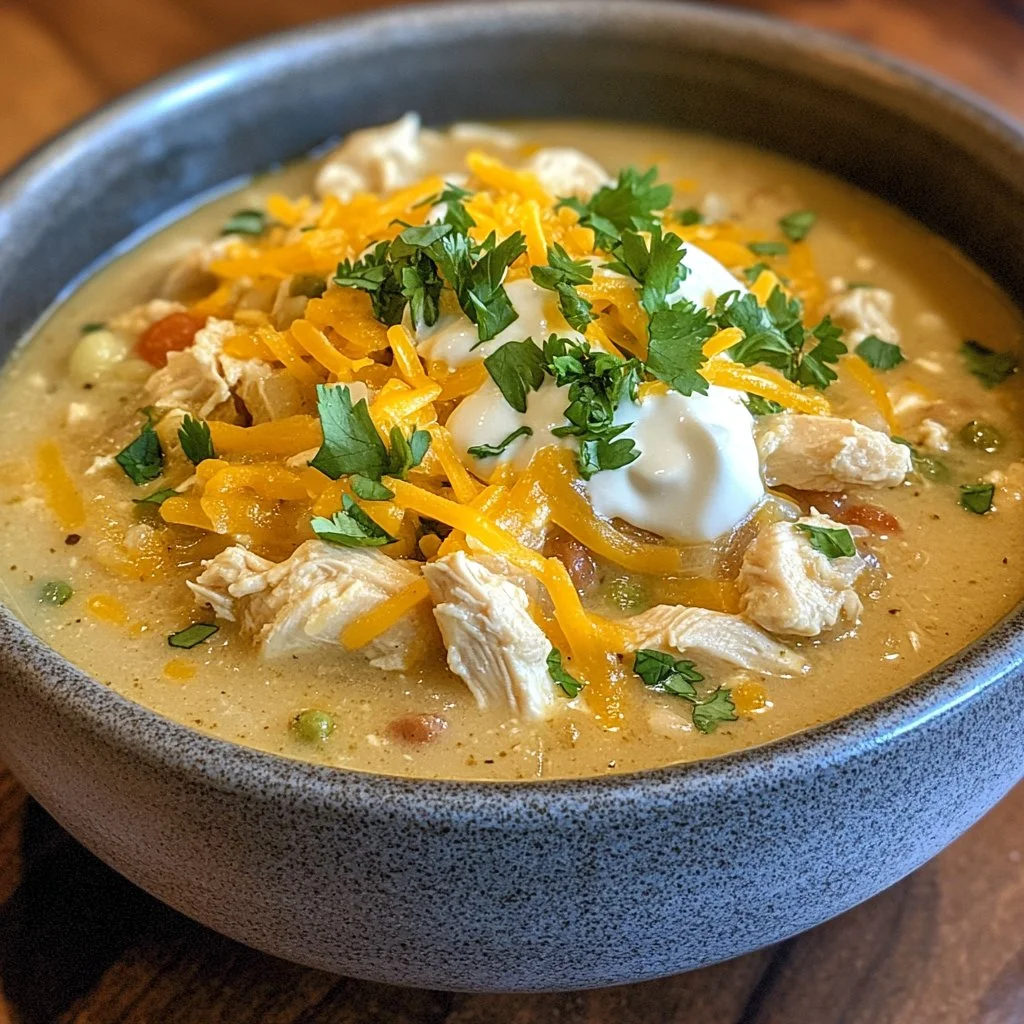 Bowl of delicious white chicken chili topped with cilantro and served with tortilla chips