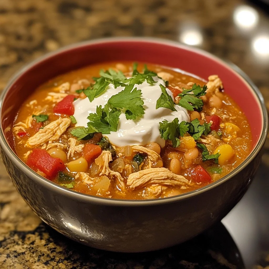 Bowl of delicious white chicken chili topped with cilantro and avocado