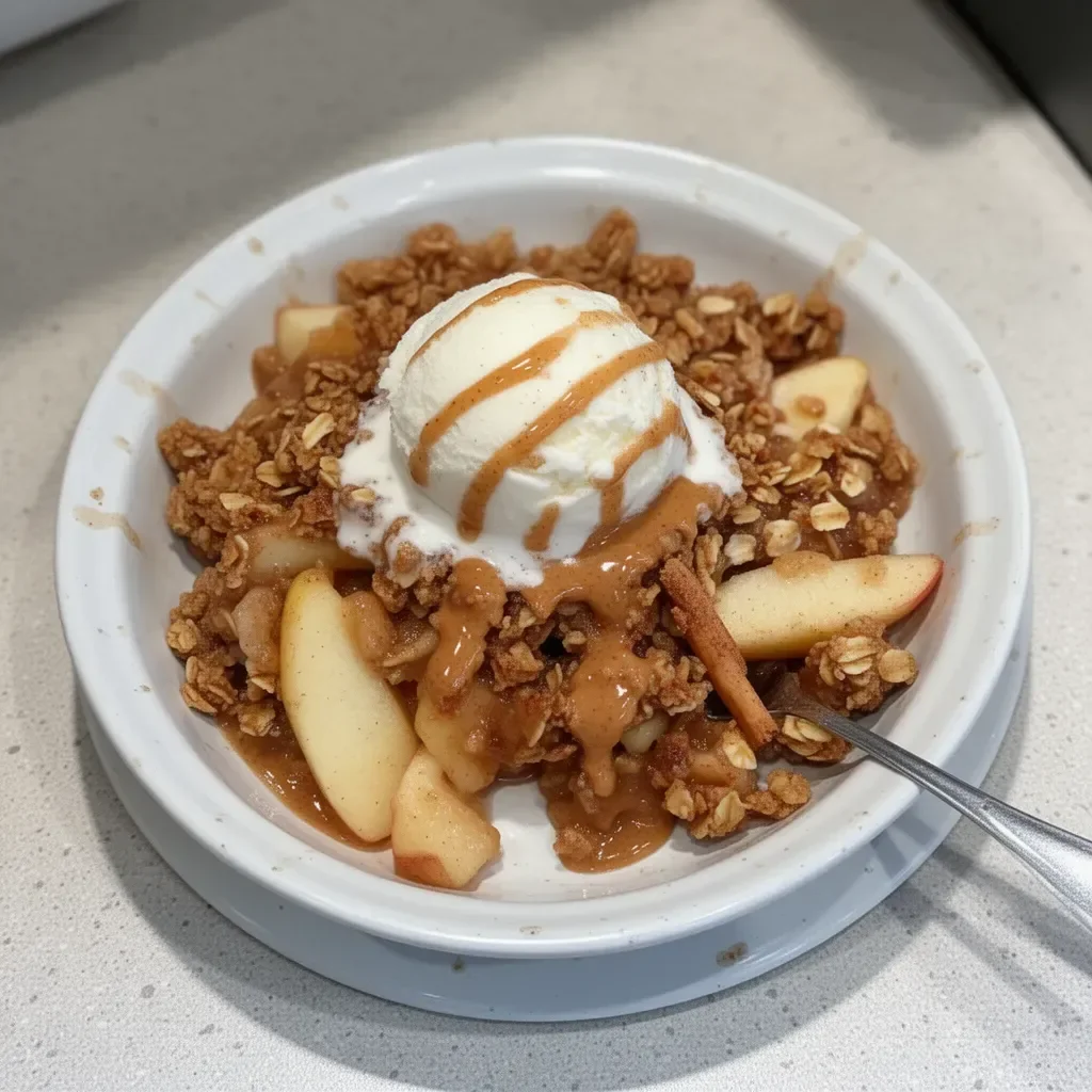 High Protein Apple Crisp topped with oats and fresh apples served in a bowl