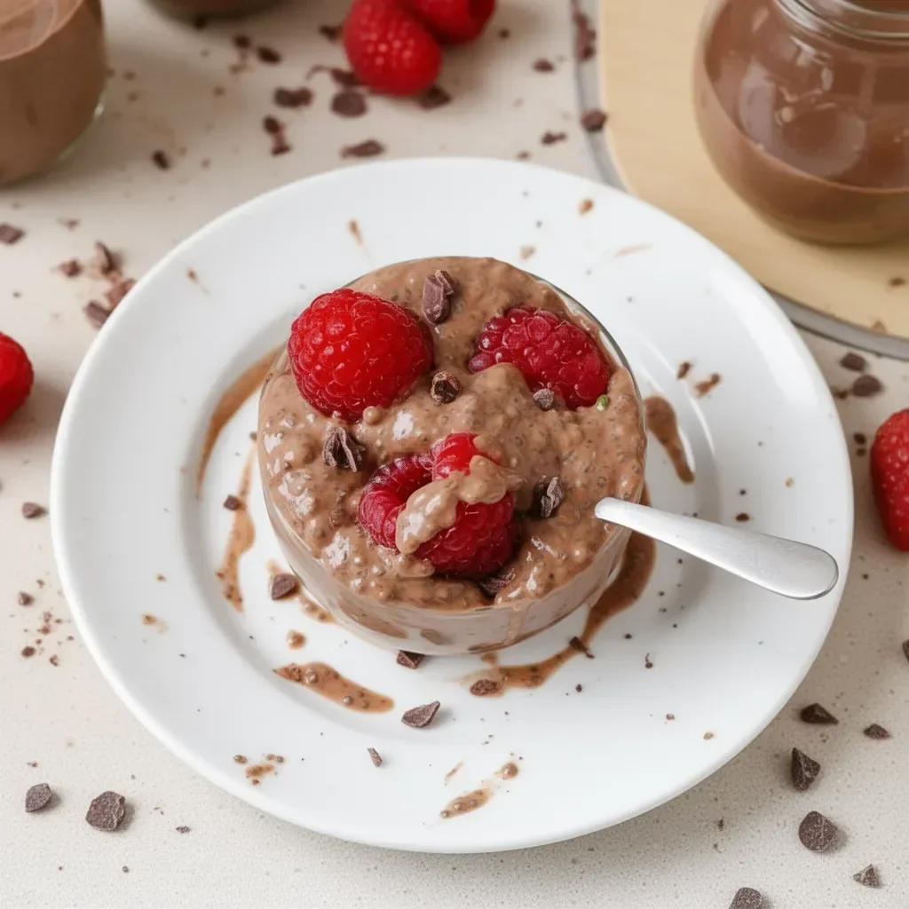 Bowl of creamy chocolate chia pudding topped with fresh berries