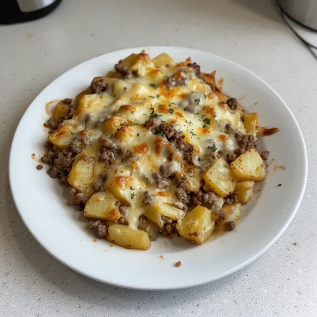 5-Ingredient hamburger casserole with potatoes, cheese, and ground beef