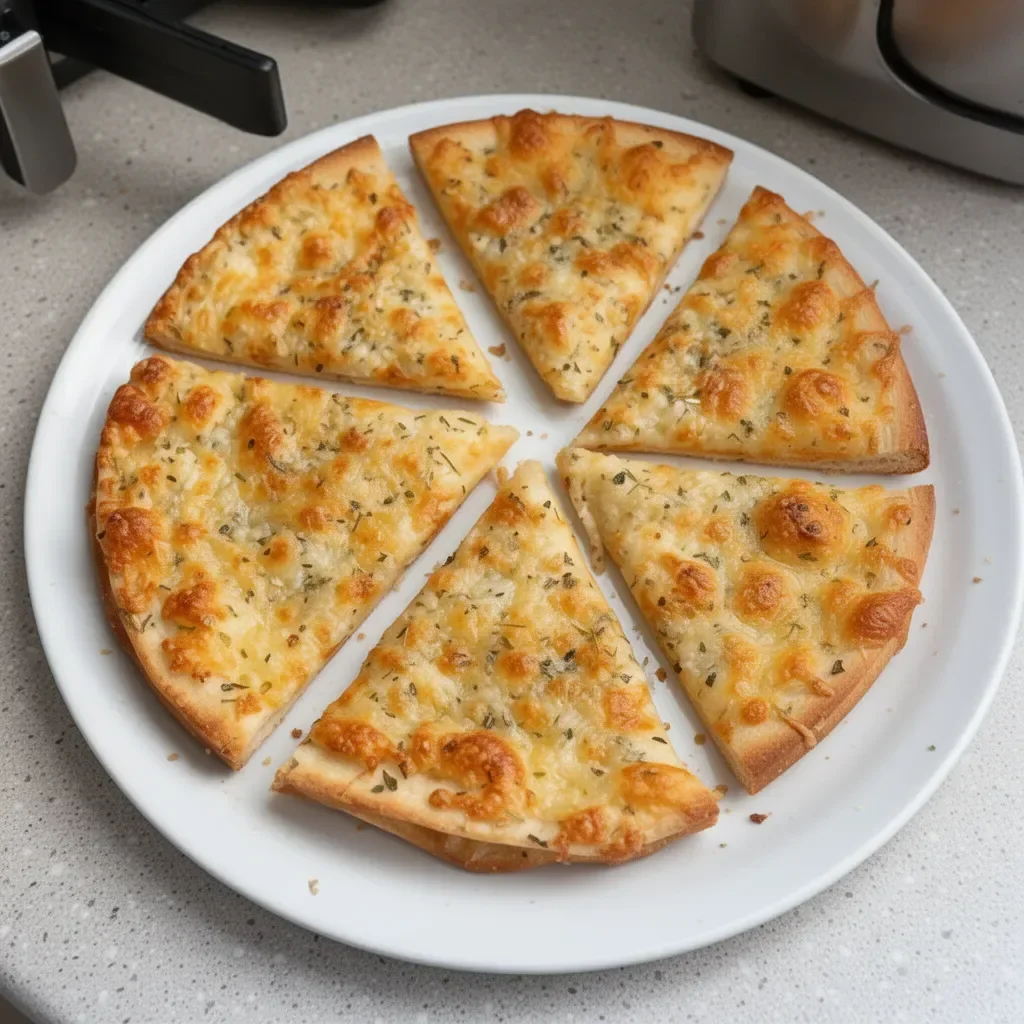 Air fryer cheesy tortilla garlic bread, crispy and flavorful, served hot.