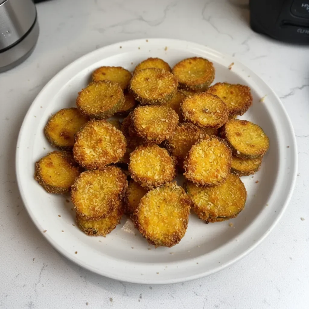 Crispy Air Fryer Fried Pickles served on a plate with dipping sauce
