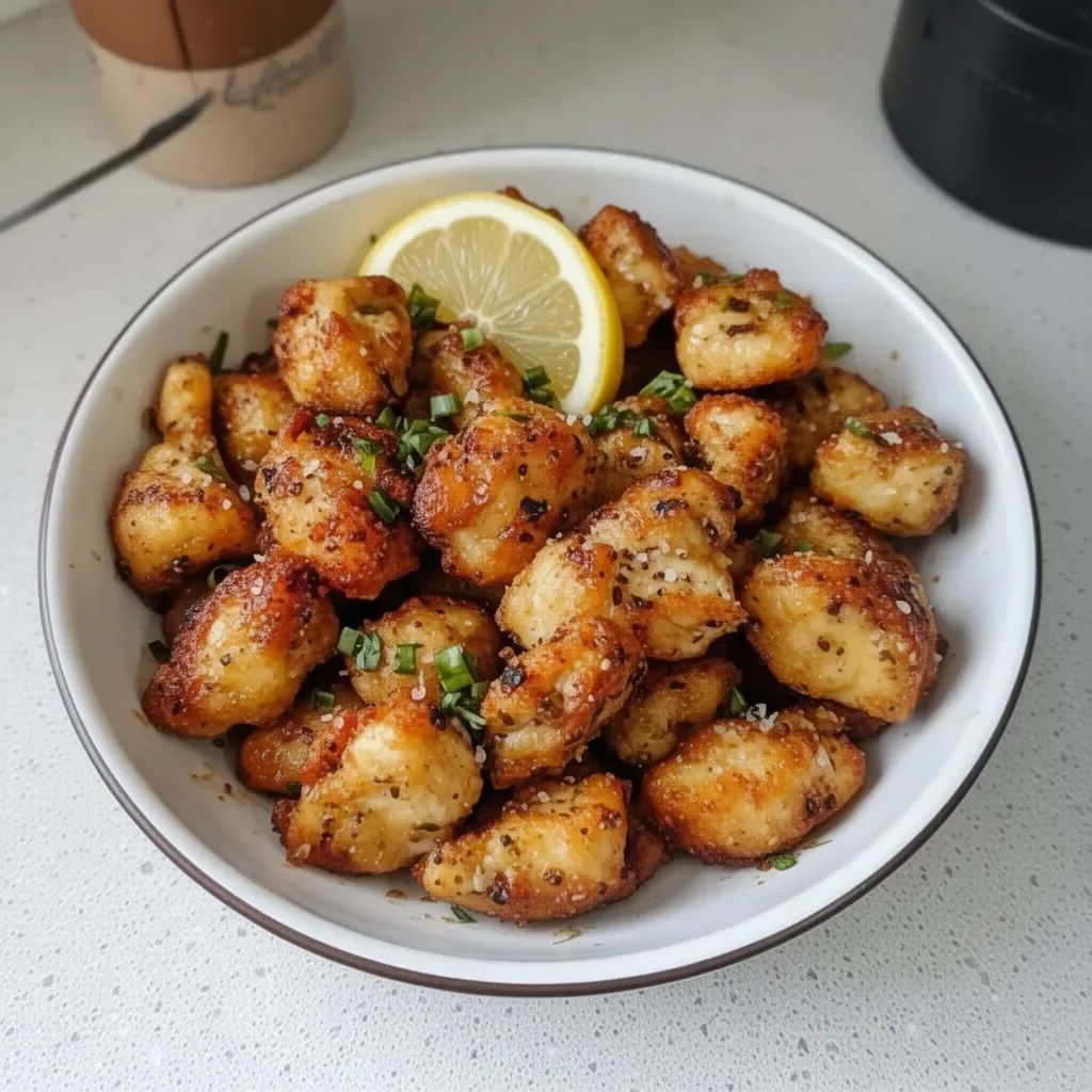 Crispy Air Fryer Lemon Chicken Bites served with fresh herbs