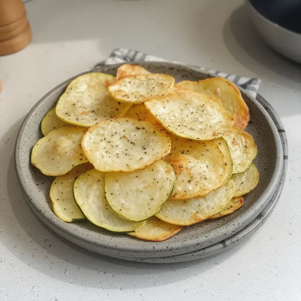 Air fryer zucchini recipe with crispy golden pieces served on a plate