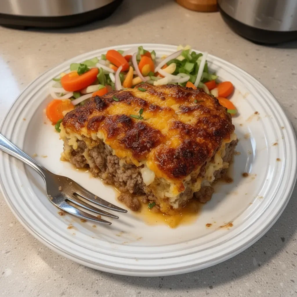 Amish Hamburger Steak Bake served with rich gravy and vegetables