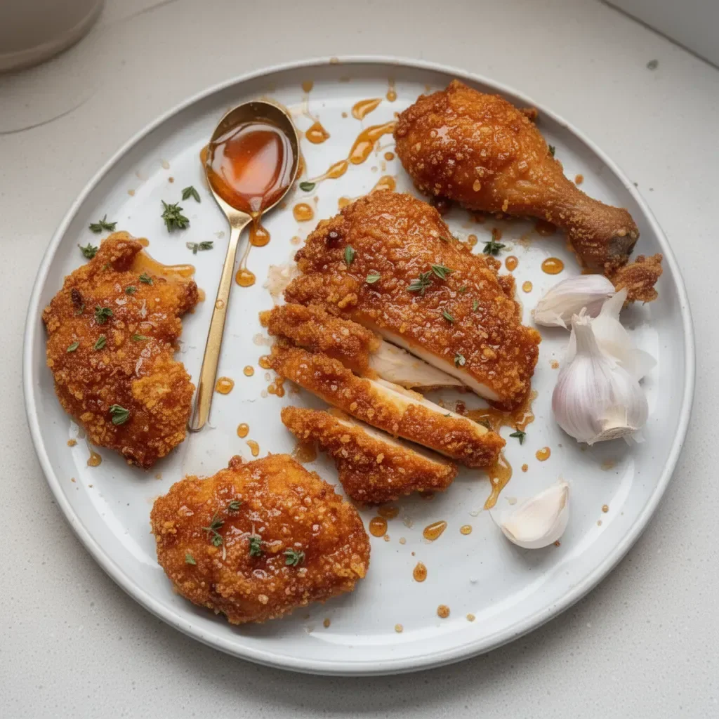 Baked crunchy hot honey chicken served on a plate with herbs