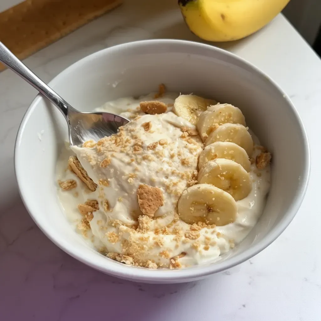 Banana Pudding Greek Yogurt Bowl topped with banana slices and whipped cream