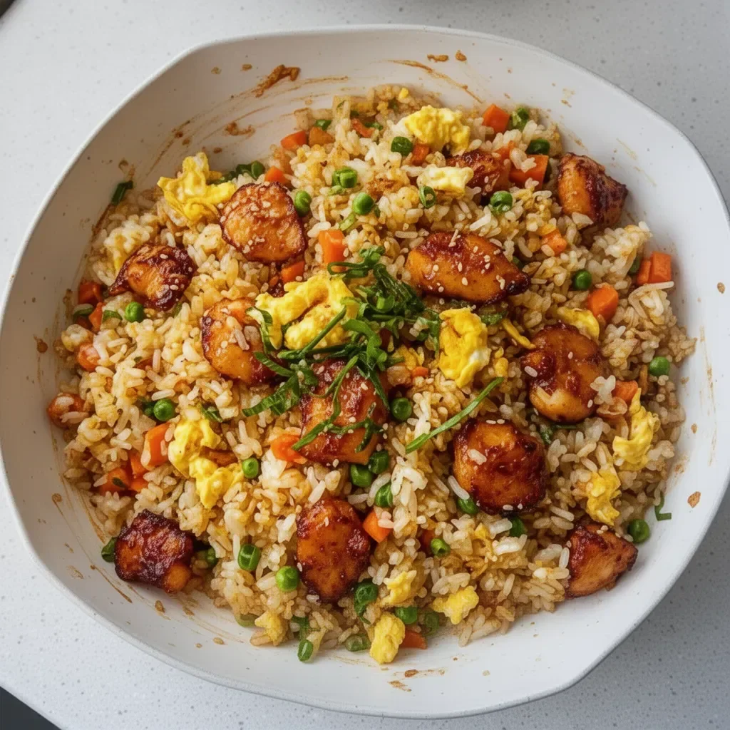 Plate of Bang Bang Fried Rice garnished with vegetables and sesame seeds