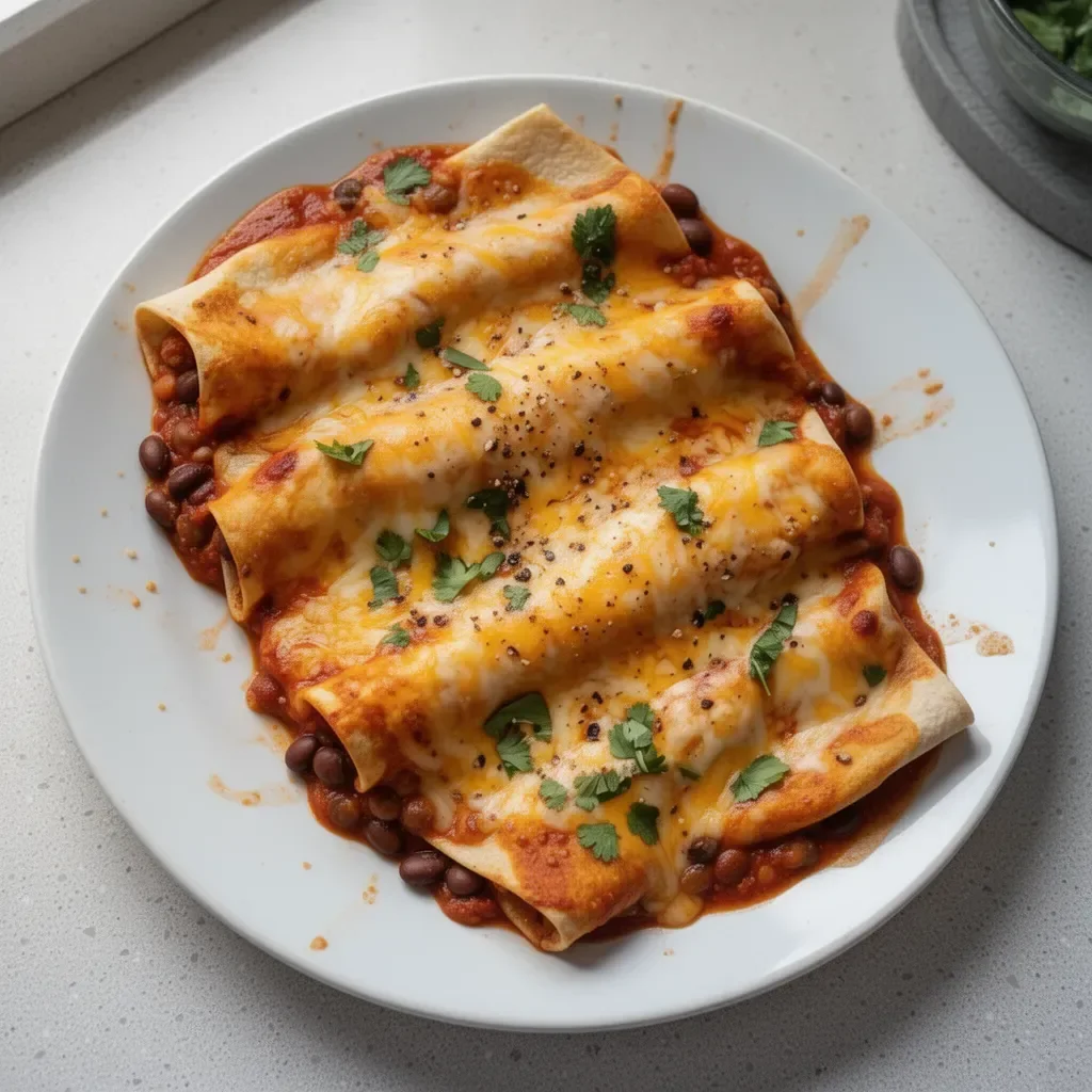 Delicious bean and cheese enchiladas topped with sauce and cheese.
