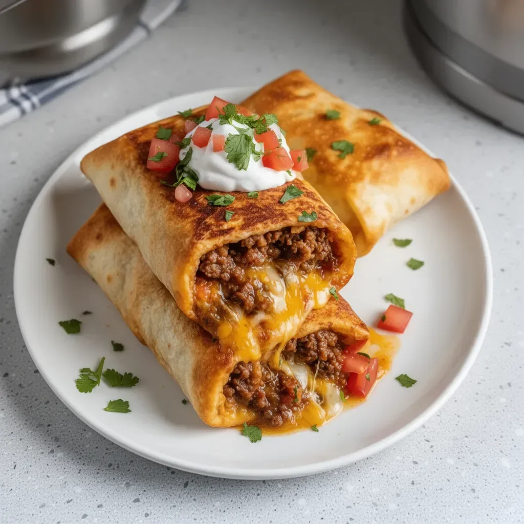 Delicious Beef and Cheese Chimichangas served with salsa and guacamole.