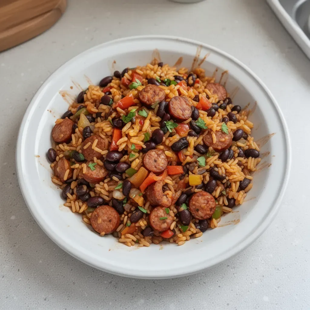 Black beans and rice recipe featuring sausage for a hearty dish