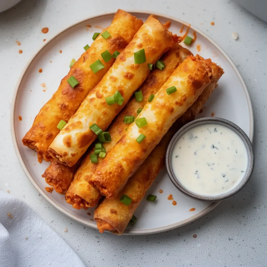 Crispy Buffalo Chicken Taquitos garnished with fresh cilantro
