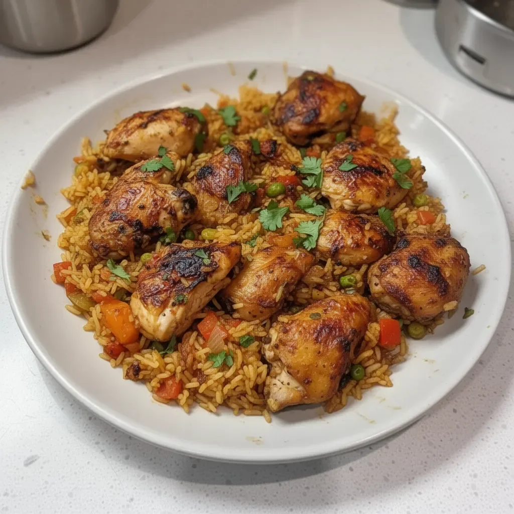 Delicious Caribbean Chicken and Rice ready to be served on a plate