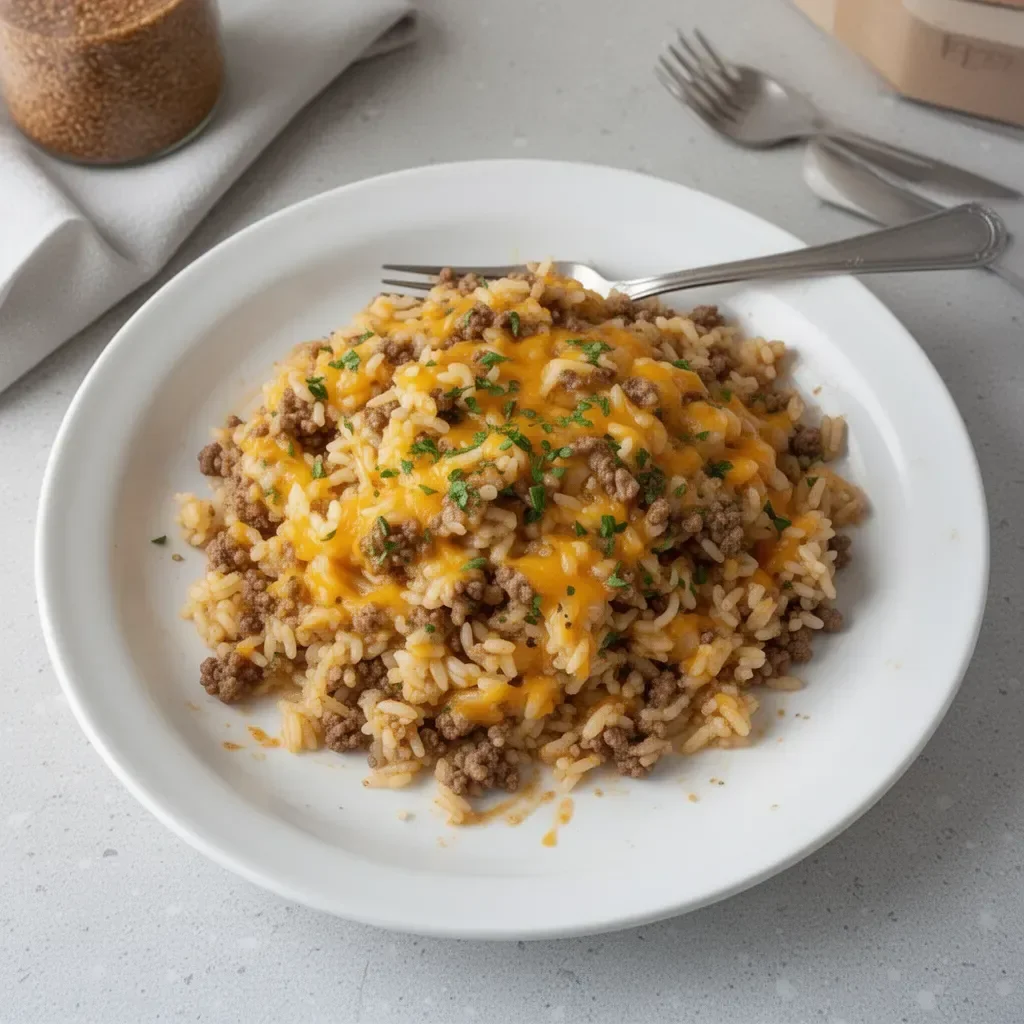 Delicious cheesy ground beef and rice casserole in a baking dish