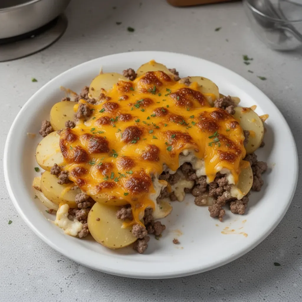 Cheesy hamburger potato casserole topped with melted cheese and fresh herbs.