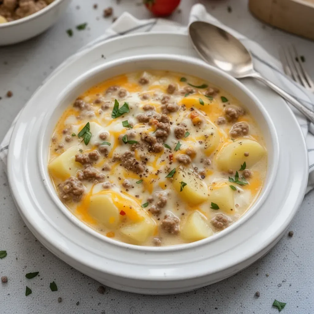 Bowl of cheesy hamburger potato soup topped with herbs