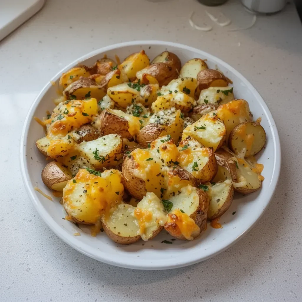 Cheesy ranch oven roasted potatoes served on a plate with herb garnish.