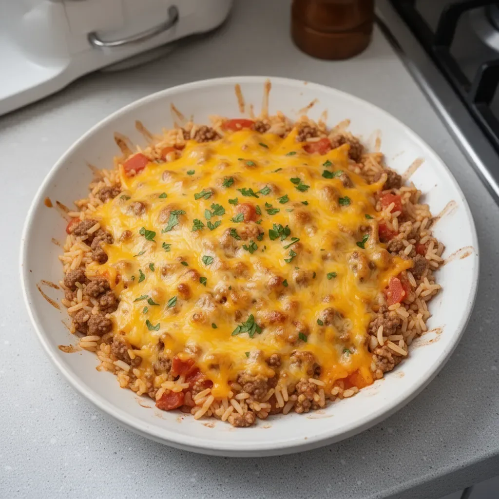 Cheesy Taco Rice served in a bowl with toppings