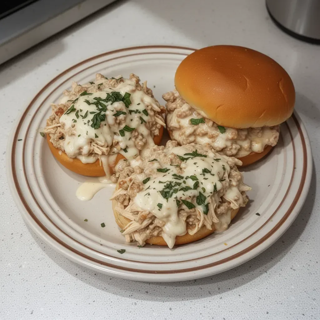 Chicken Alfredo Sloppy Joes served on a plate with garnish.