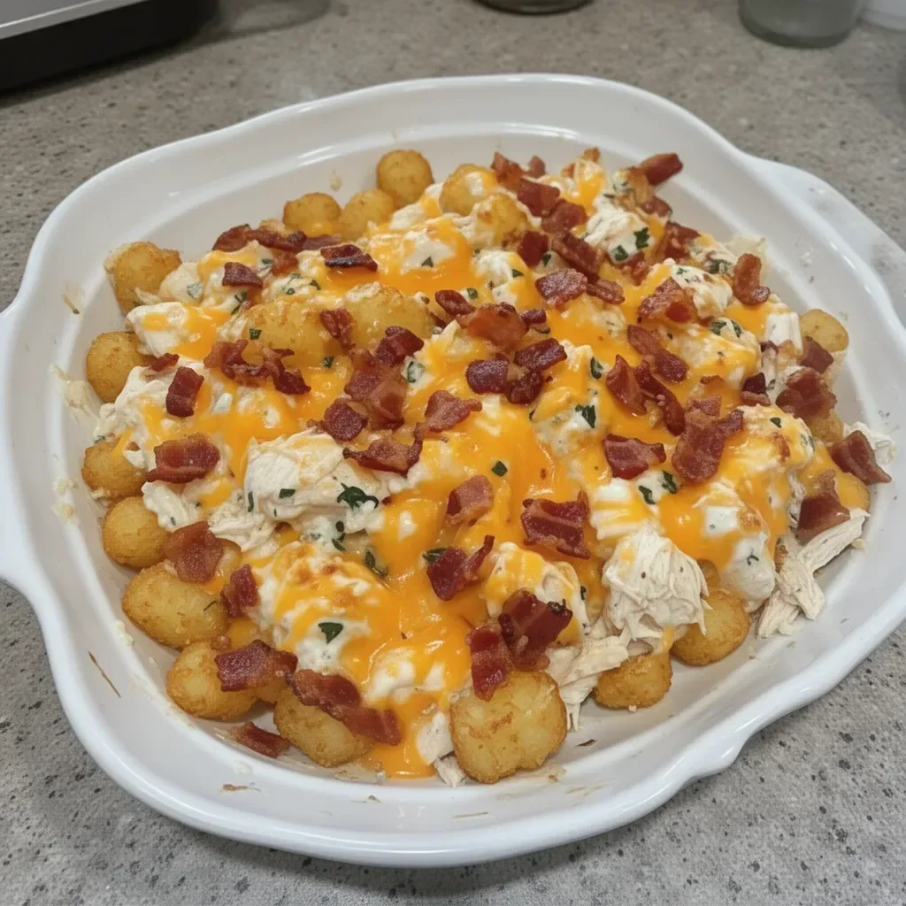 Chicken Bacon Ranch Tater Tot Casserole topped with crispy tater tots